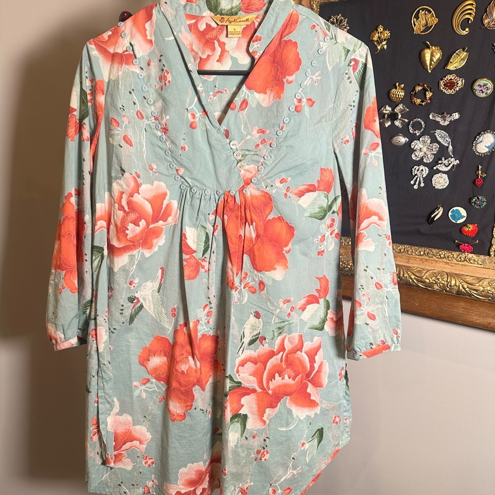 April Cornell Mint Green Floral Bird Tunic Top Blouse Boho Cottagecore Sz S